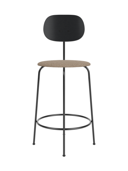 Afteroom Counter Chair Plus with a black oak backrest, Logan Flint upholstered seat and slender black metal frame.