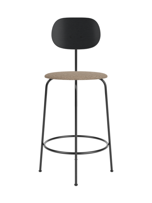 Afteroom Counter Chair Plus with a black oak backrest, Logan Flint upholstered seat and slender black metal frame.