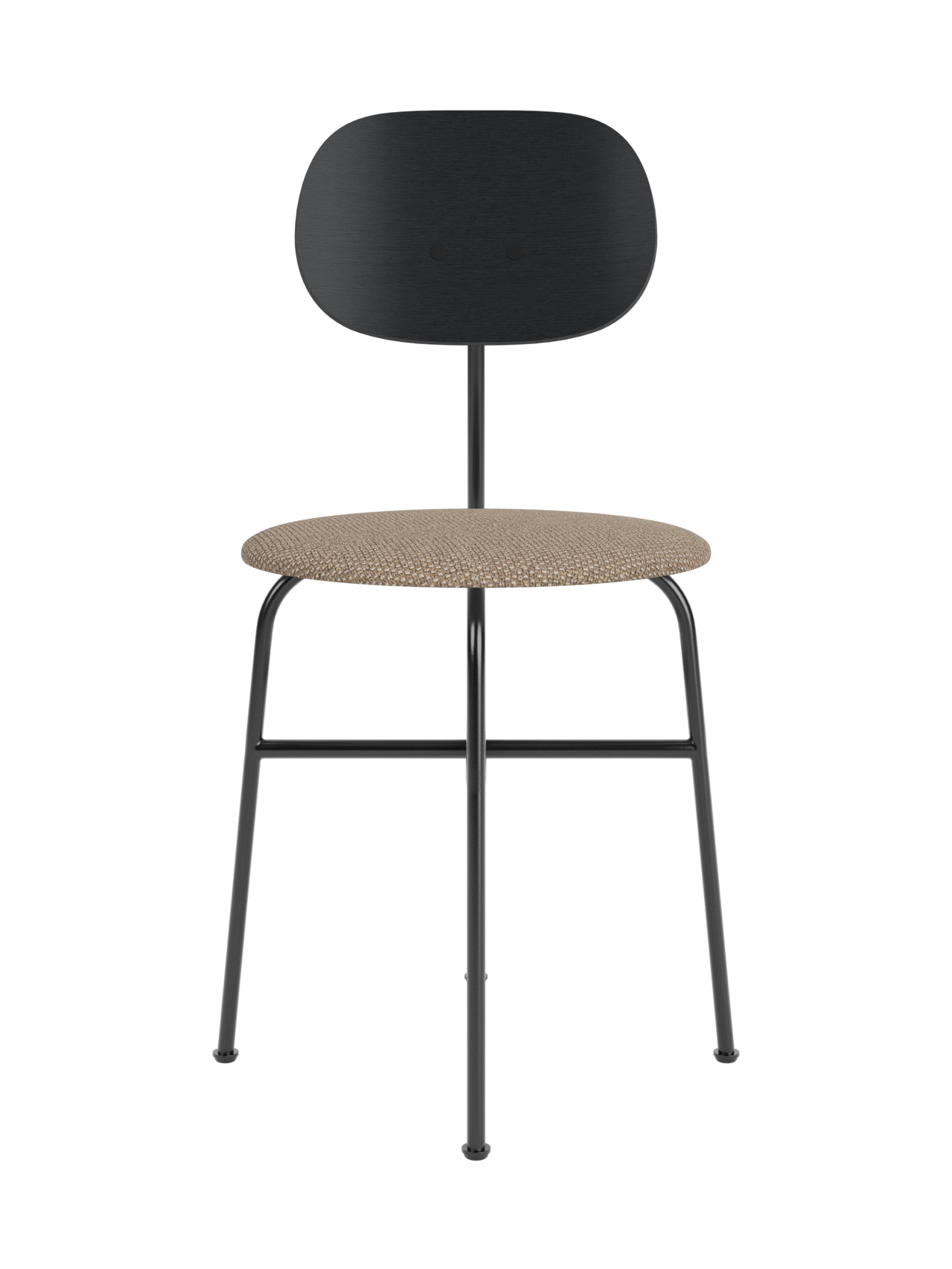Afteroom Dining Chair Plus with a textured Logan Flint upholstered seat, black painted oak back and black steel frame.