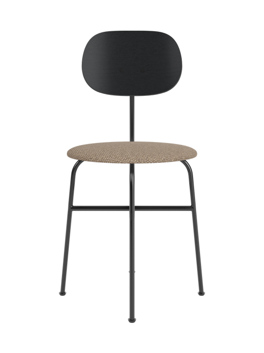 Afteroom Dining Chair Plus with a textured Logan Flint upholstered seat, black painted oak back and black steel frame.