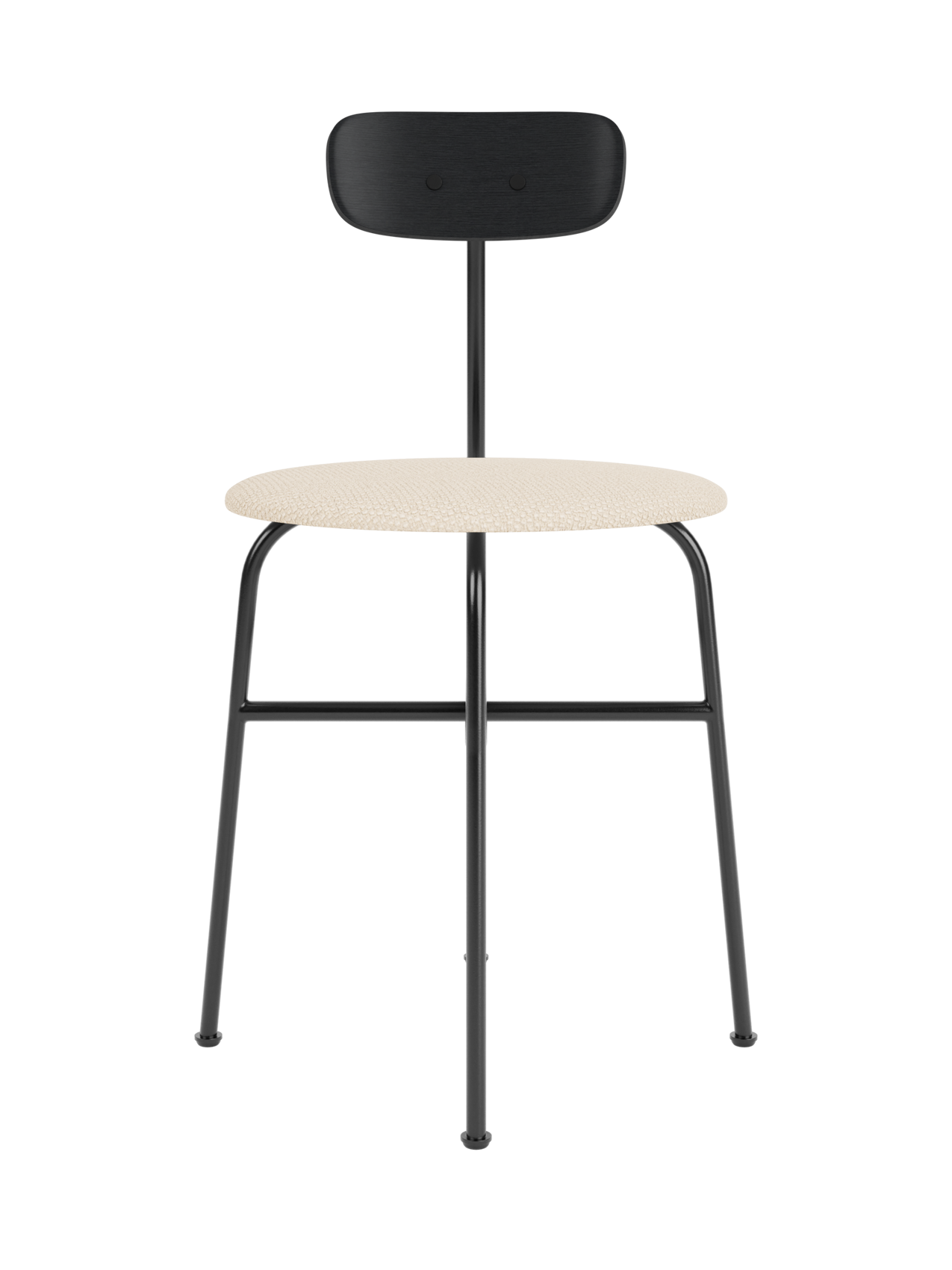 Afteroom Dining Chair with a black painted oak backrest, cream Logan Jasmine upholstered seat and black steel frame.