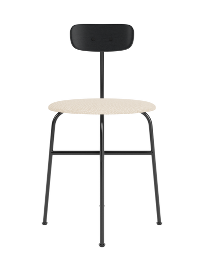Afteroom Dining Chair with a black painted oak backrest, cream Logan Jasmine upholstered seat and black steel frame.