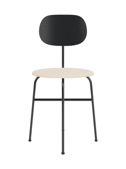 Afteroom Dining Chair Plus with black painted oak back, light beige upholstered seat and slim black steel frame.