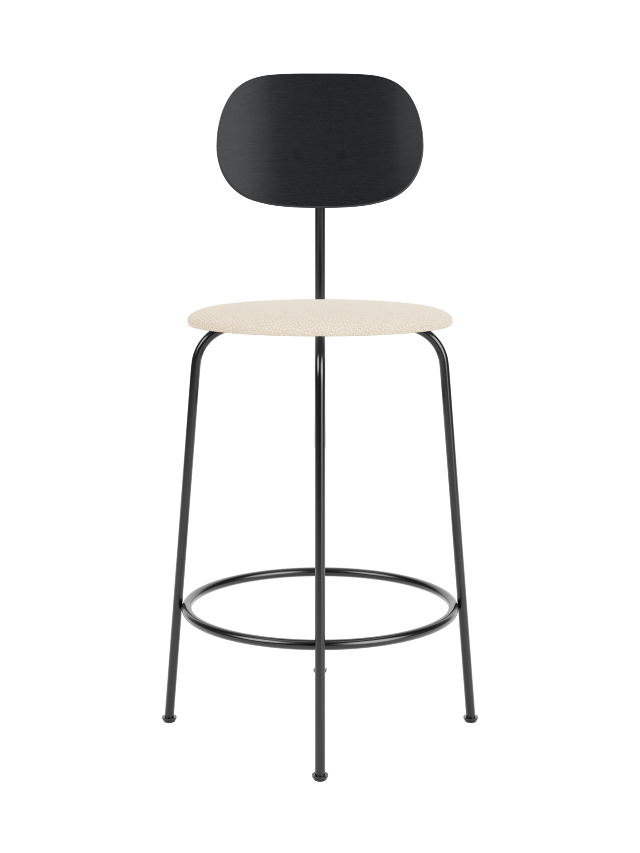 Afteroom Counter Chair Plus with a black painted oak backrest, Logan Jasmine upholstered seat and black metal frame.