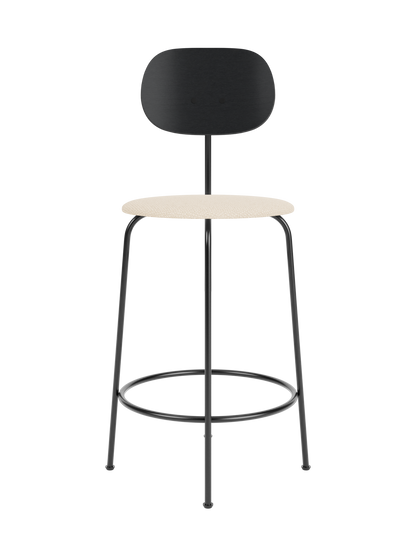 Afteroom Counter Chair Plus with a black painted oak backrest, Logan Jasmine upholstered seat and black metal frame.