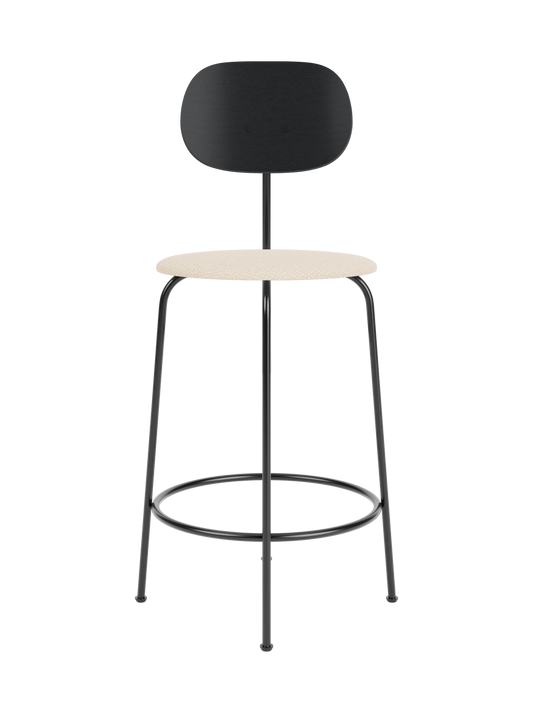 Afteroom Counter Chair Plus with a black painted oak backrest, Logan Jasmine upholstered seat and black metal frame.