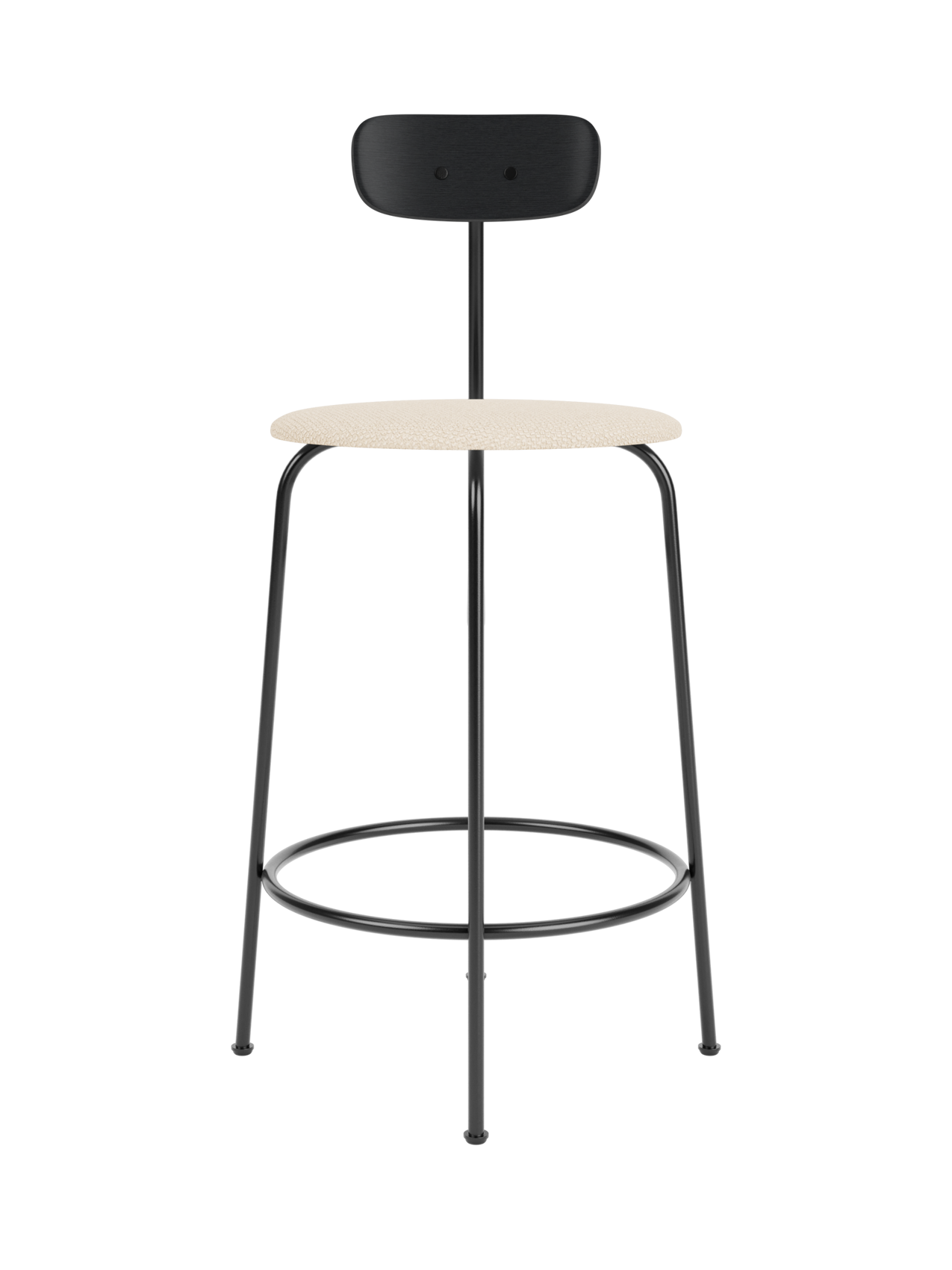 Afteroom Counter Chair featuring a black painted oak back and Logan Jasmine upholstered seat on a sleek black steel frame.