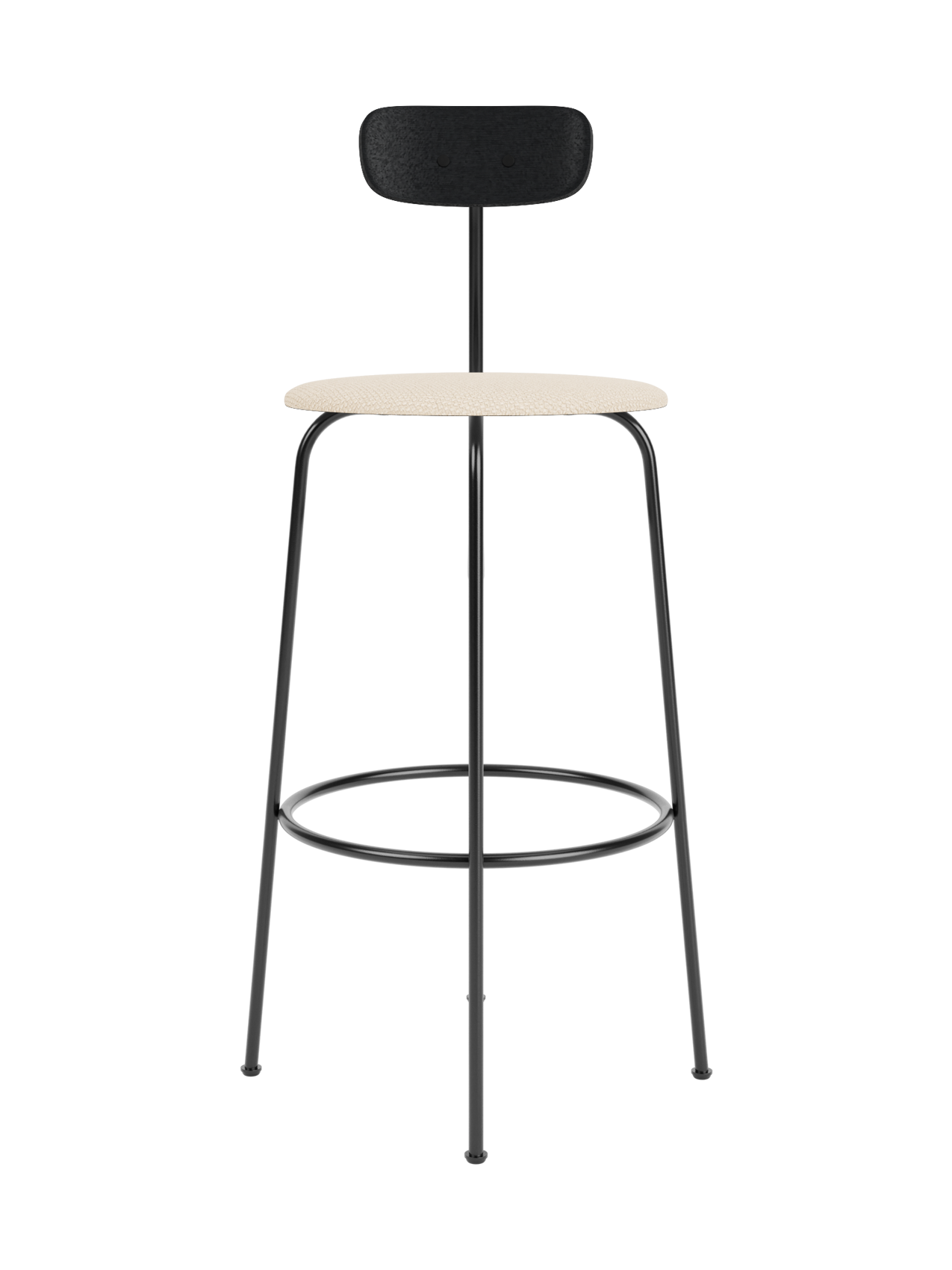 Afteroom Bar Chair with a Logan Jasmine upholstered seat, black painted oak backrest and a slim black steel frame.