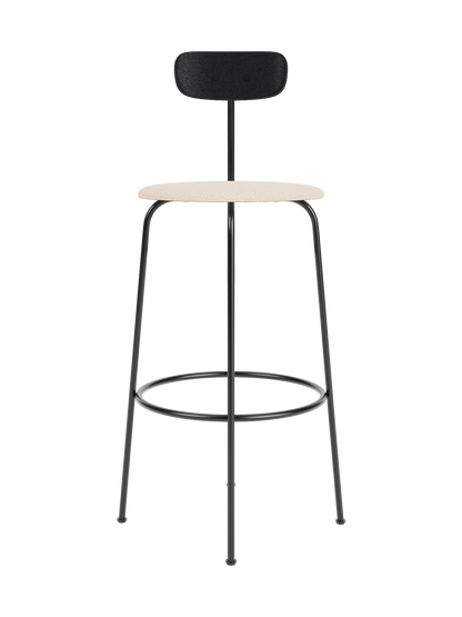 Afteroom Bar Chair with a Logan Jasmine upholstered seat, black painted oak backrest and a slim black steel frame.