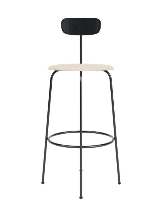 Afteroom Bar Chair with a Logan Jasmine upholstered seat, black painted oak backrest and a slim black steel frame.