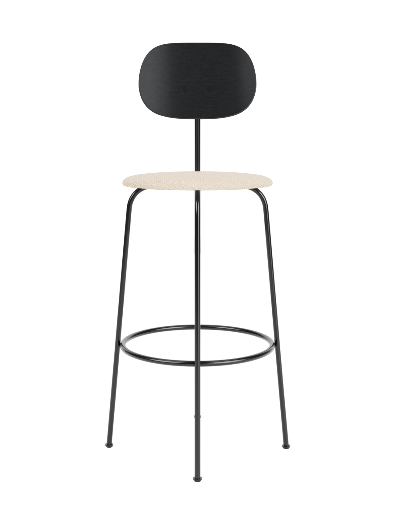Afteroom Bar Chair Plus with a black oak backrest and Logan Jasmine upholstered seat on a slender metal frame.