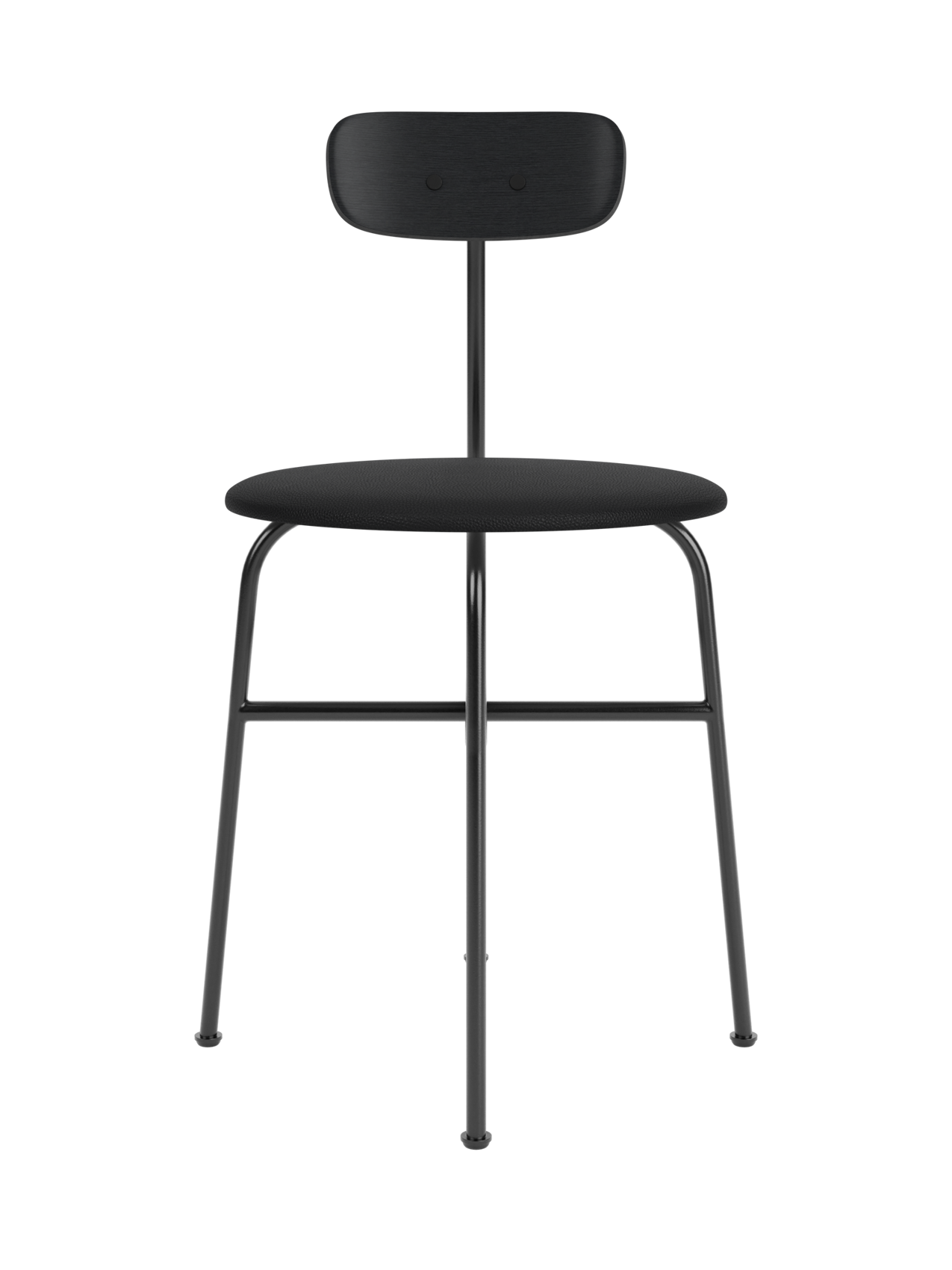Afteroom Dining Chair with black Sierra leather upholstery and a painted oak backrest on a slender steel frame.