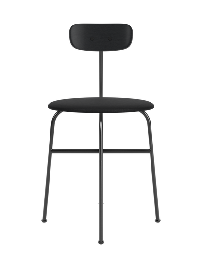 Afteroom Dining Chair with black Sierra leather upholstery and a painted oak backrest on a slender steel frame.