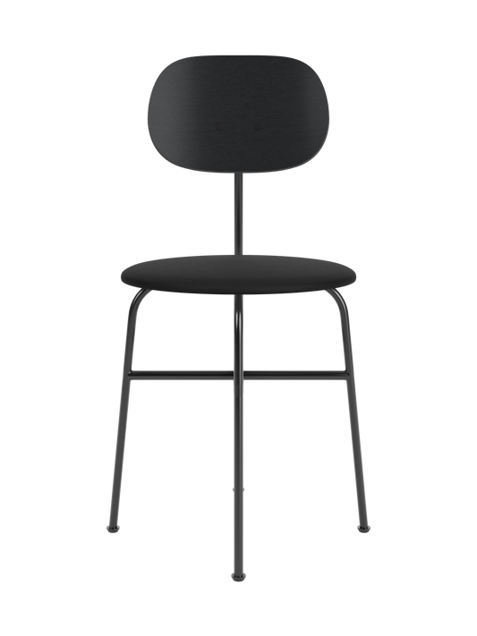 Afteroom Dining Chair Plus with a black painted oak backrest and black upholstered seat on a minimalist steel frame.