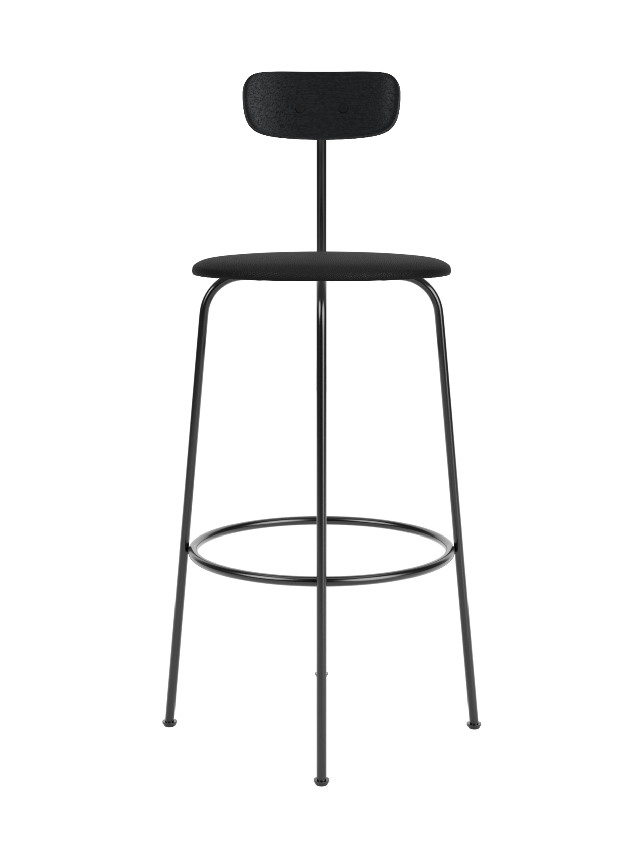 Afteroom Bar Chair with black Sierra 1001 upholstered seat and black painted oak backrest on a slim steel frame.