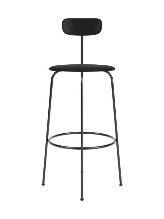 Afteroom Bar Chair with black Sierra 1001 upholstered seat and black painted oak backrest on a slim steel frame.