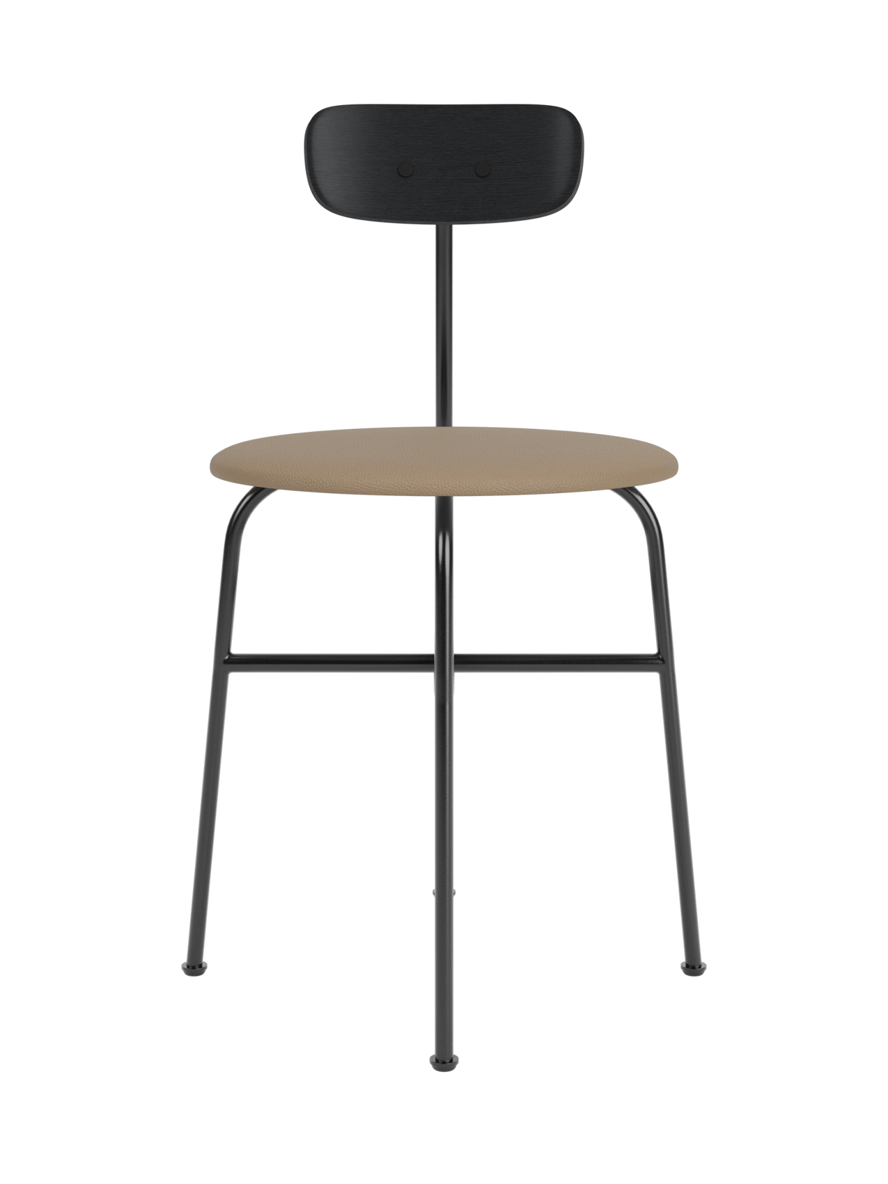 Afteroom Dining Chair with a black painted oak backrest, black steel frame and tan leather upholstered seat.