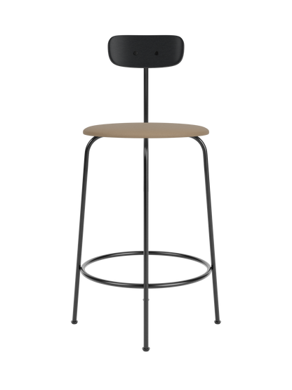 Afteroom Counter Chair featuring a black painted oak backrest, tan Sierra 1611 leather seat and a black steel frame.