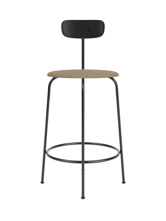 Afteroom Counter Chair featuring a black painted oak backrest, tan Sierra 1611 leather seat and a black steel frame.