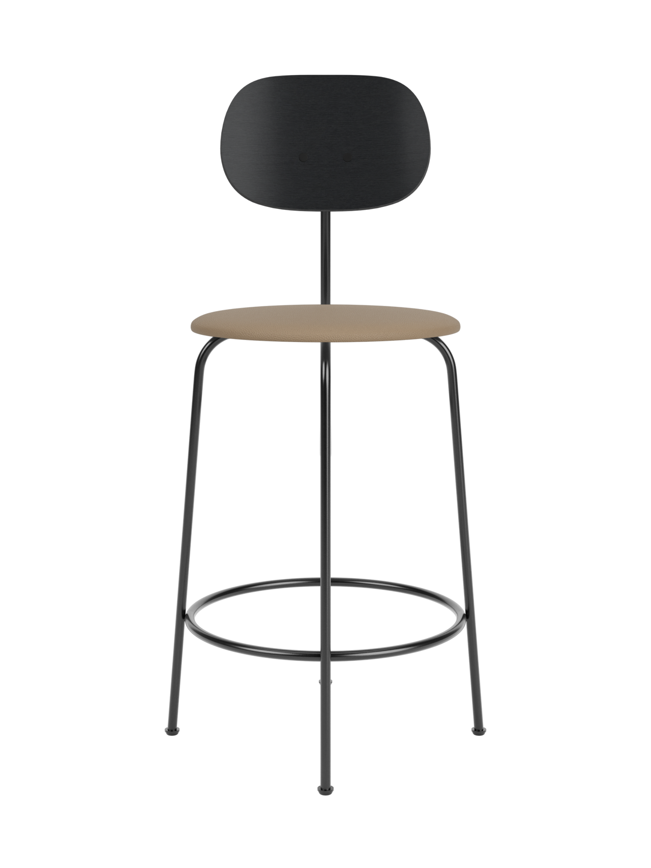 Afteroom Counter Chair Plus with black painted oak backrest and tan Sierra 1611 upholstered seat on a black metal frame.