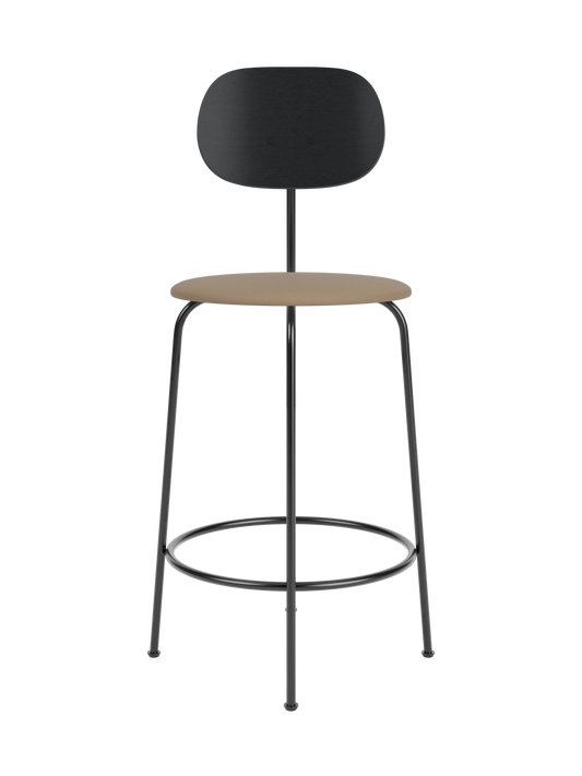 Afteroom Counter Chair Plus with black painted oak backrest and tan Sierra 1611 upholstered seat on a black metal frame.