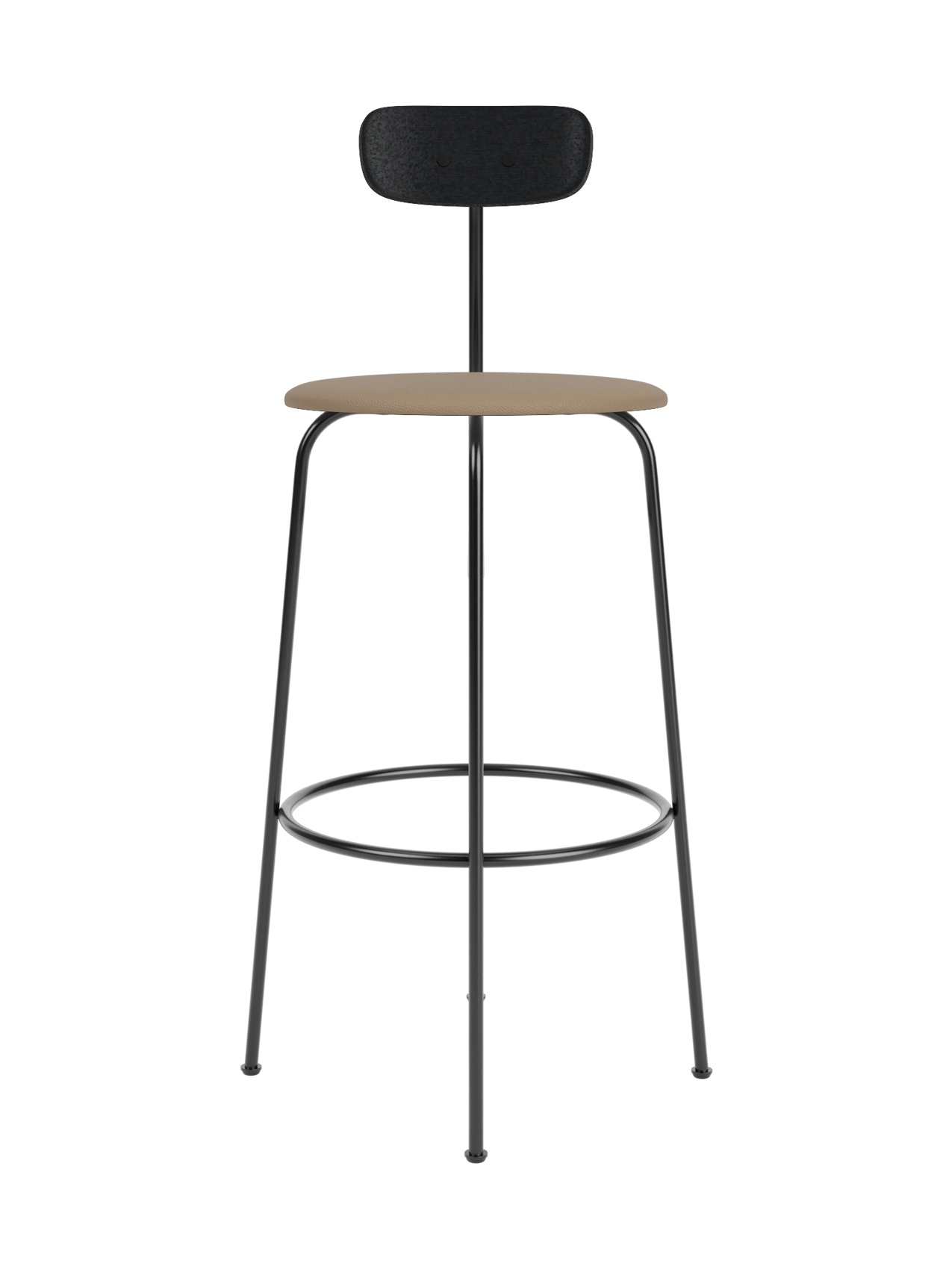 Afteroom Bar Chair featuring a black steel frame, tan leather upholstered seat and a black painted oak backrest.