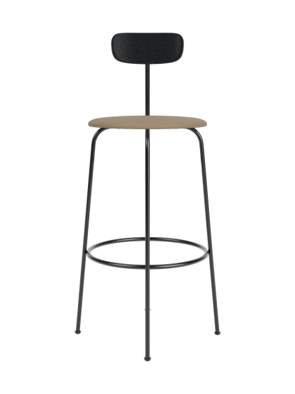 Afteroom Bar Chair featuring a black steel frame, tan leather upholstered seat and a black painted oak backrest.