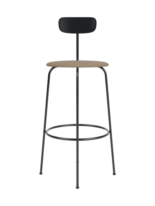 Afteroom Bar Chair featuring a black steel frame, tan leather upholstered seat and a black painted oak backrest.