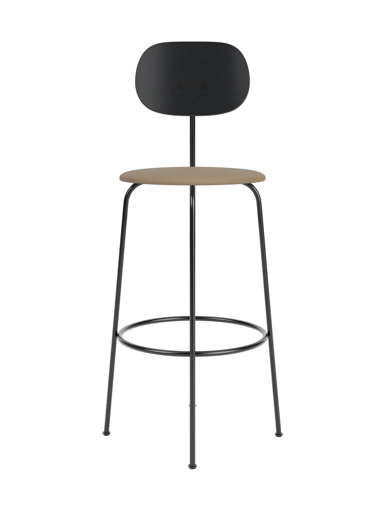 Afteroom Bar Chair Plus featuring a tan upholstered seat, black painted oak backrest and slender black steel frame.