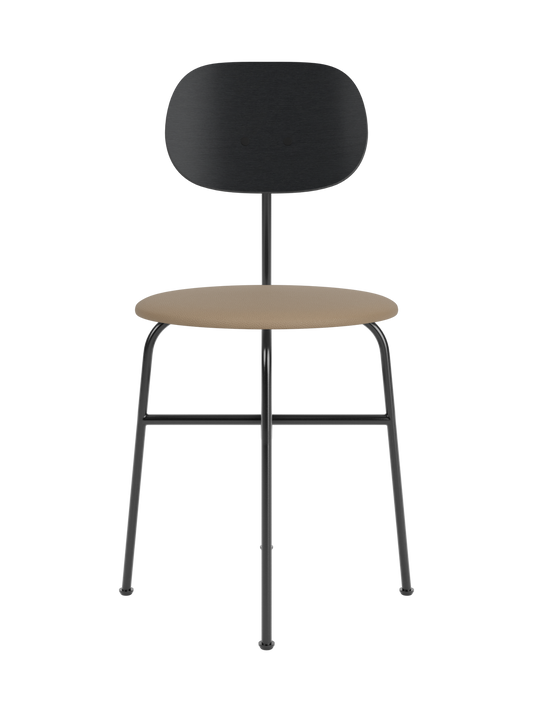 Afteroom Dining Chair Plus with a tan Sierra 1611 upholstered seat and black painted oak backrest on a steel frame.