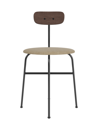 Afteroom Dining Chair featuring a beige bouclé upholstered seat and dark stained oak backrest on a black steel frame.