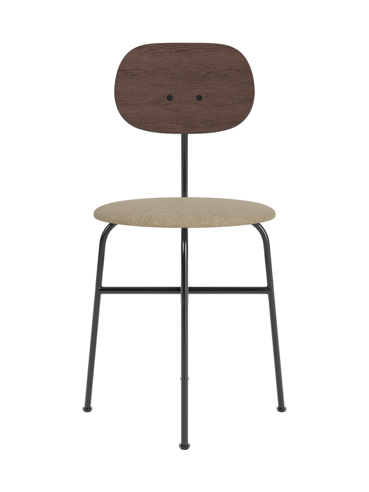 Afteroom Dining Chair Plus with a beige bouclé seat, dark stained oak backrest and black powder-coated steel frame.