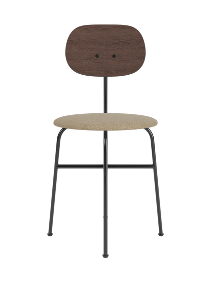 Afteroom Dining Chair Plus with a beige bouclé seat, dark stained oak backrest and black powder-coated steel frame.