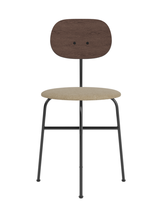 Afteroom Dining Chair Plus with a beige bouclé seat, dark stained oak backrest and black powder-coated steel frame.