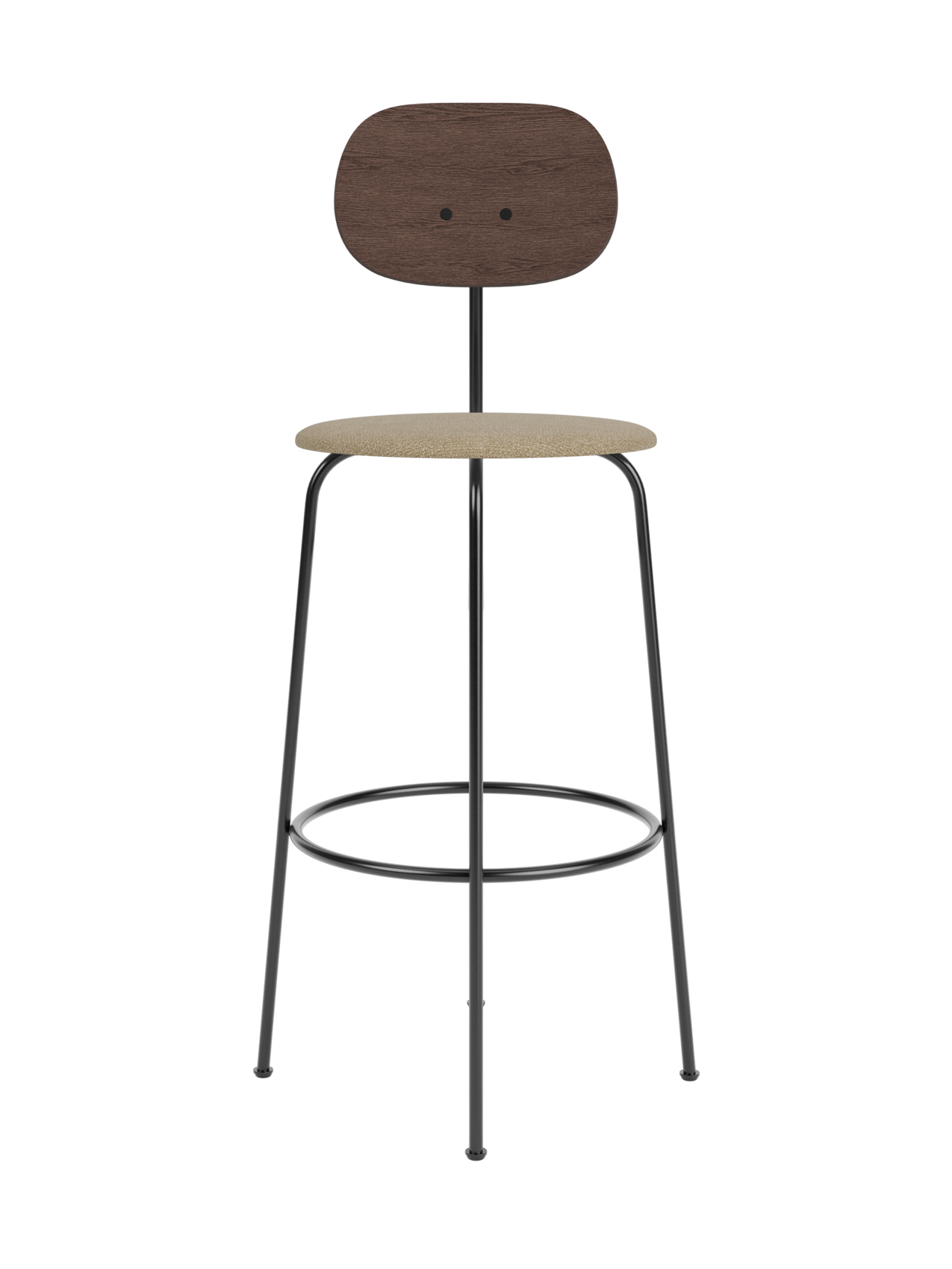 Afteroom Bar Chair Plus with a dark stained oak backrest and beige bouclé upholstered seat on a black metal frame.