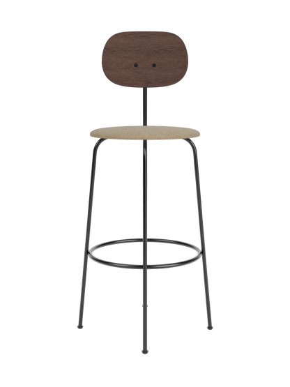 Afteroom Bar Chair Plus with a dark stained oak backrest and beige bouclé upholstered seat on a black metal frame.