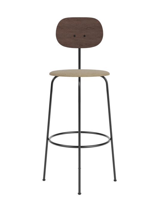 Afteroom Bar Chair Plus with a dark stained oak backrest and beige bouclé upholstered seat on a black metal frame.