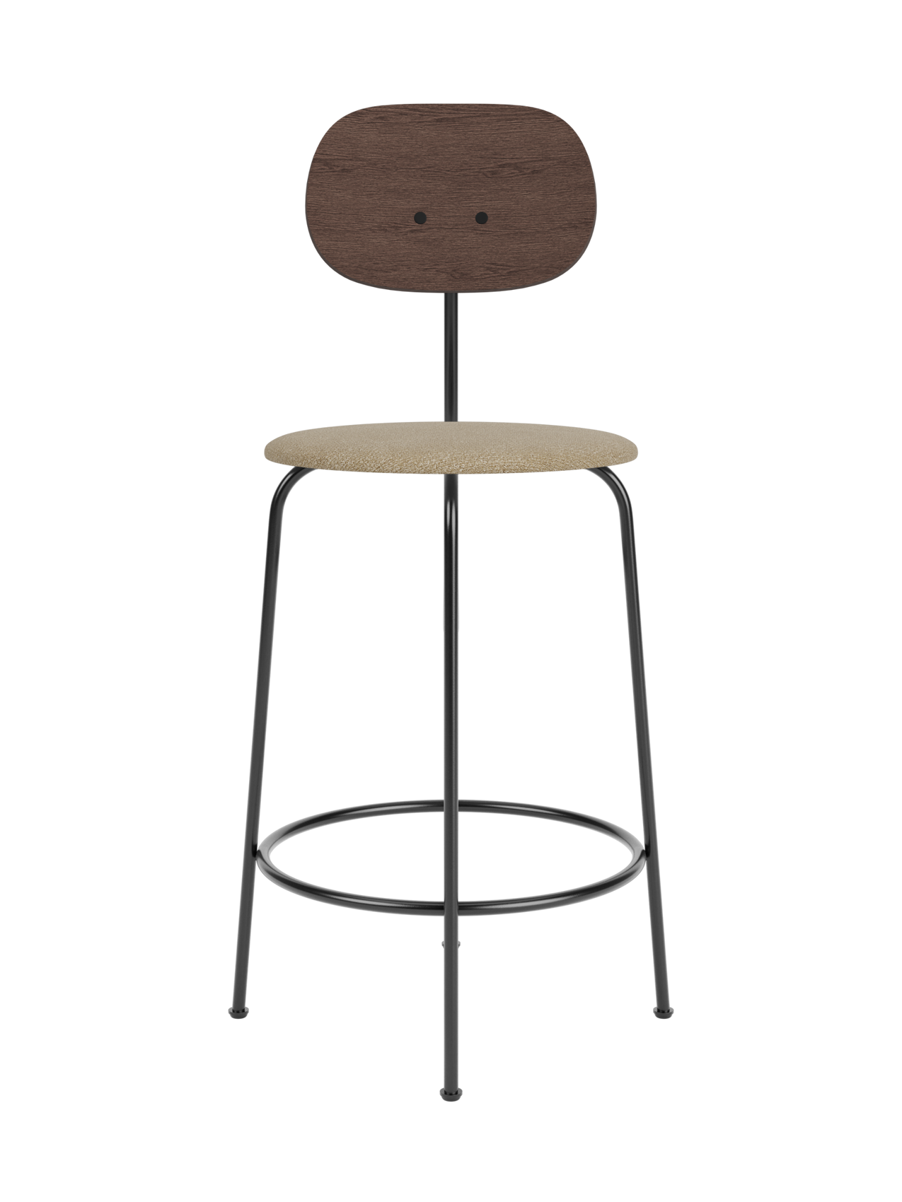 Afteroom Counter Chair Plus featuring a dark stained oak backrest and upholstered beige bouclé seat on a black steel frame.