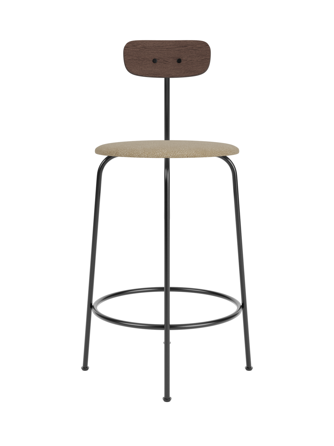 Afteroom Counter Chair with a beige bouclé seat, dark stained oak backrest and minimalist black steel frame.