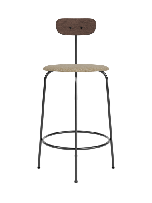 Afteroom Counter Chair with a beige bouclé seat, dark stained oak backrest and minimalist black steel frame.