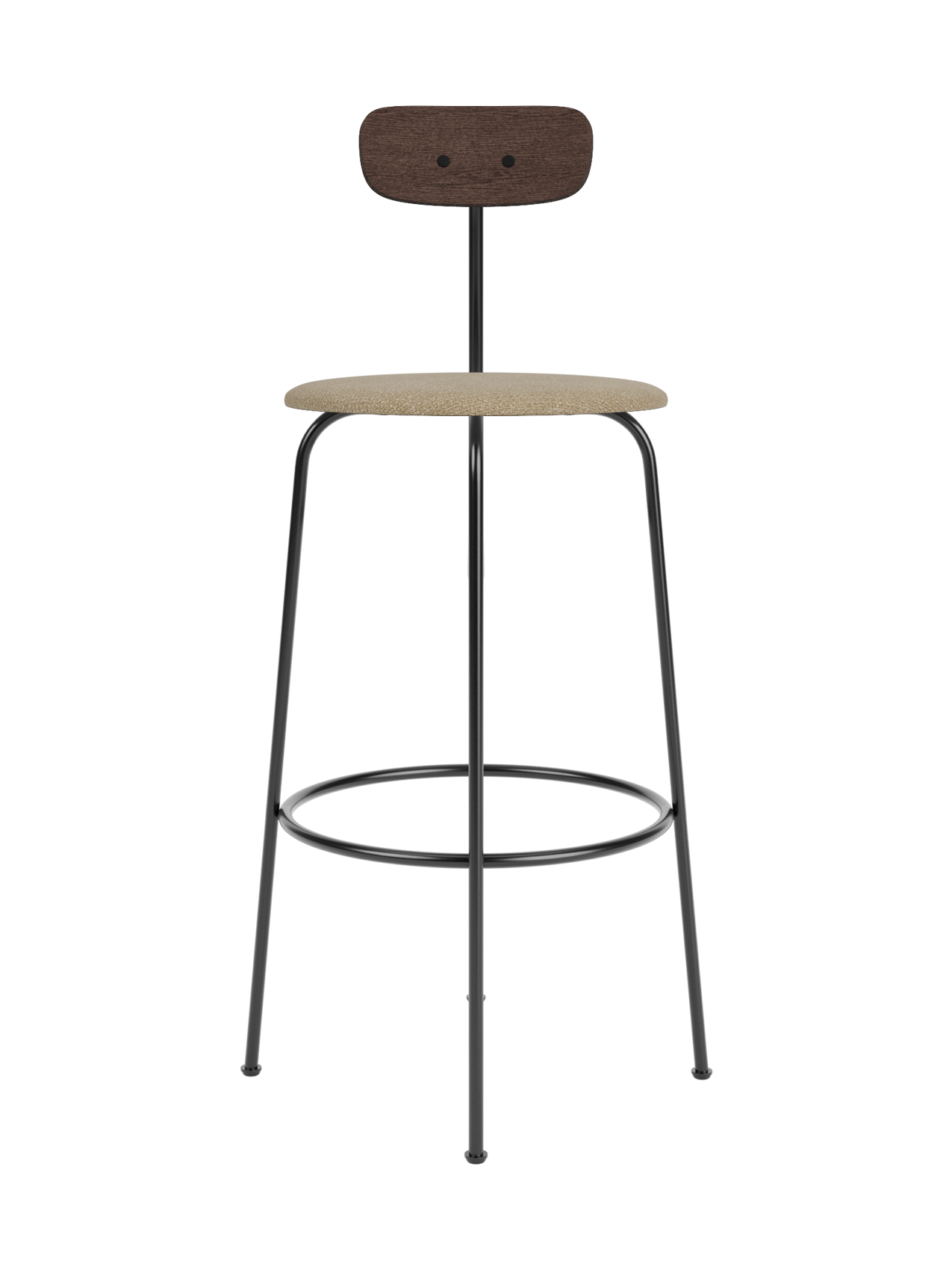 Afteroom Bar Chair with a dark stained oak backrest, beige bouclé seat and minimalist black powder-coated steel frame.