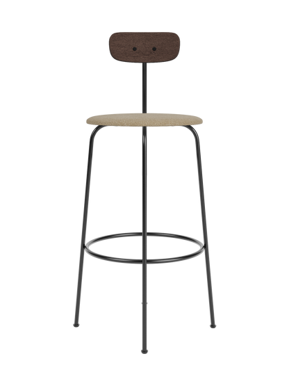 Afteroom Bar Chair with a dark stained oak backrest, beige bouclé seat and minimalist black powder-coated steel frame.