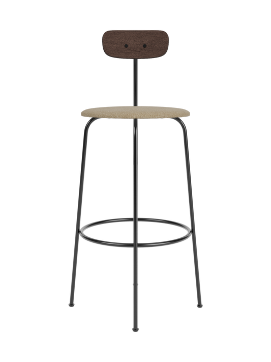 Afteroom Bar Chair with a dark stained oak backrest, beige bouclé seat and minimalist black powder-coated steel frame.