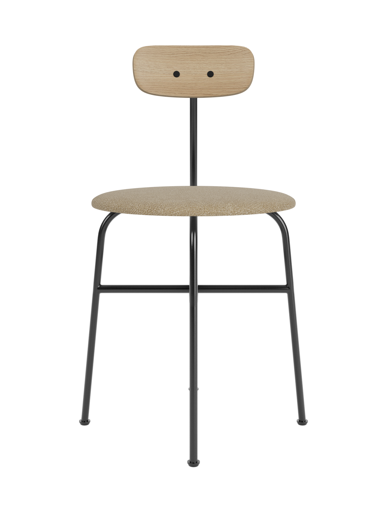 Afteroom Dining Chair featuring a natural oak backrest and a beige bouclé seat on a black tubular steel frame.
