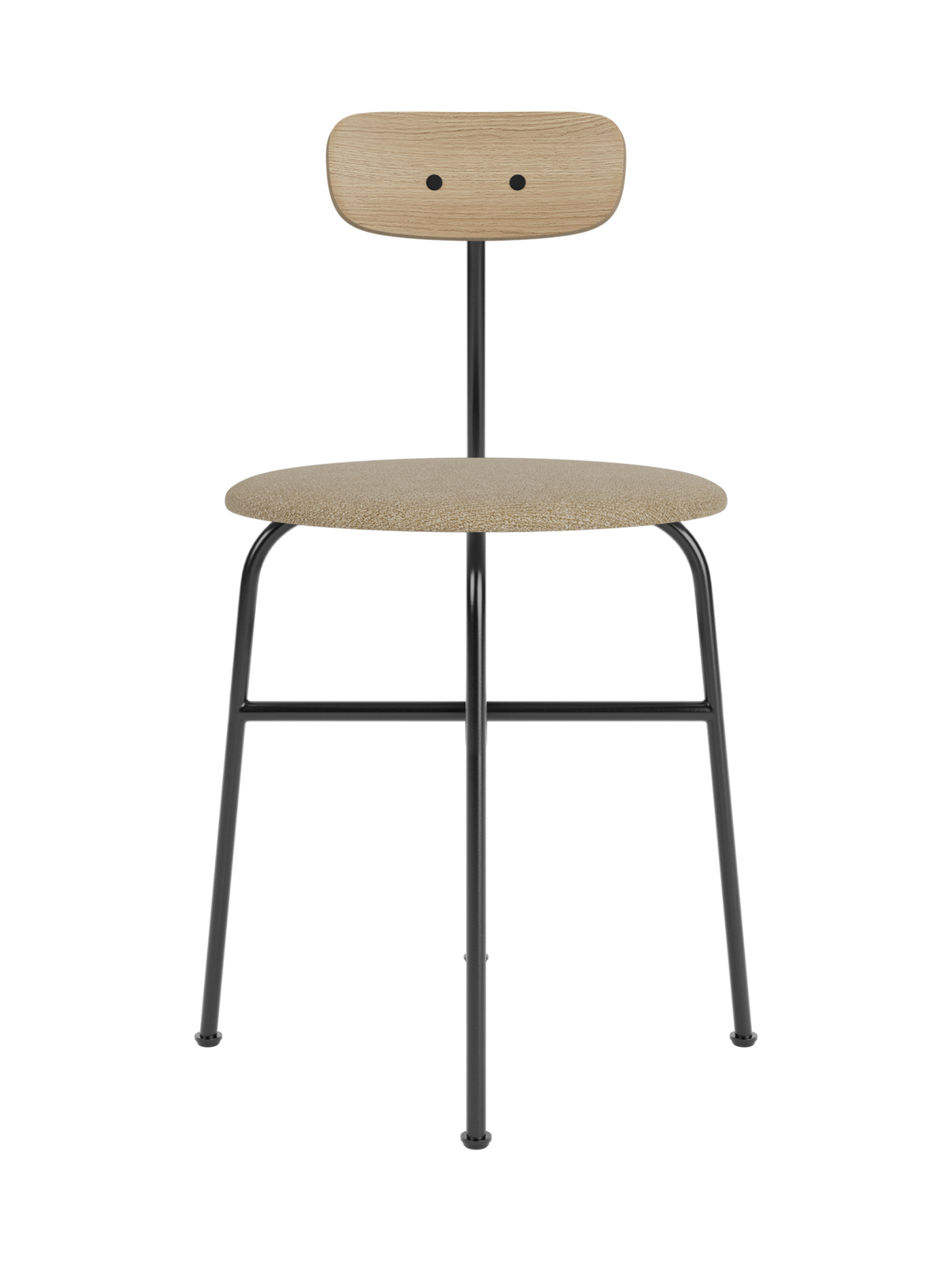 Afteroom Dining Chair featuring a natural oak backrest and a beige bouclé seat on a black tubular steel frame.