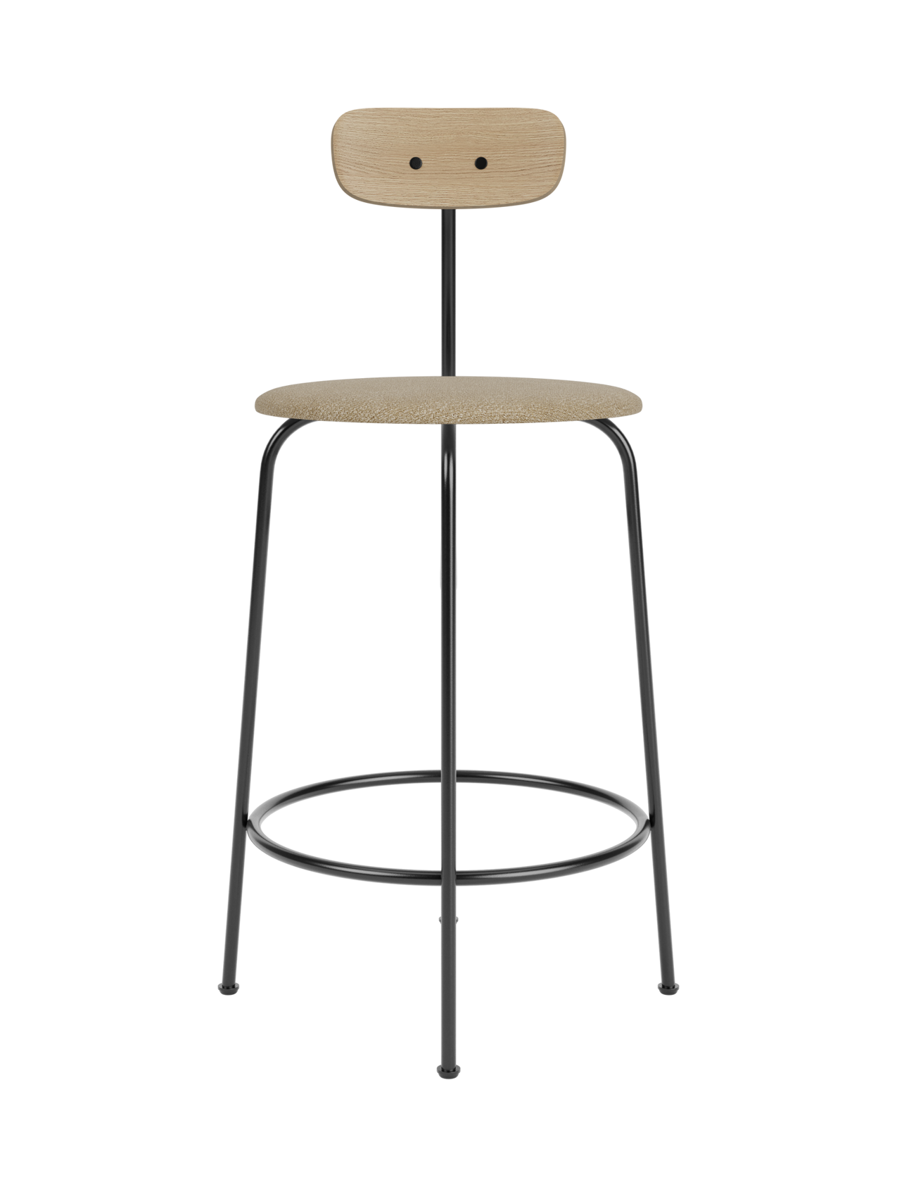 Afteroom Counter Chair with a beige bouclé upholstered seat, natural oak backrest and a minimalist black steel frame.