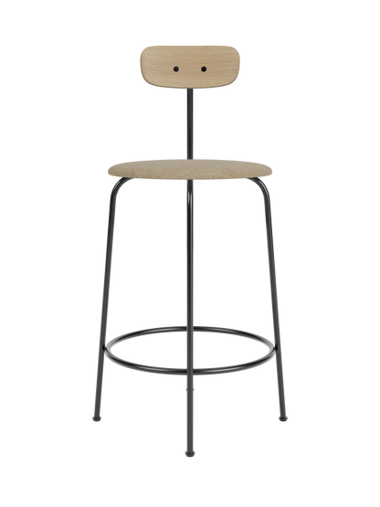 Afteroom Counter Chair with a beige bouclé upholstered seat, natural oak backrest and a minimalist black steel frame.