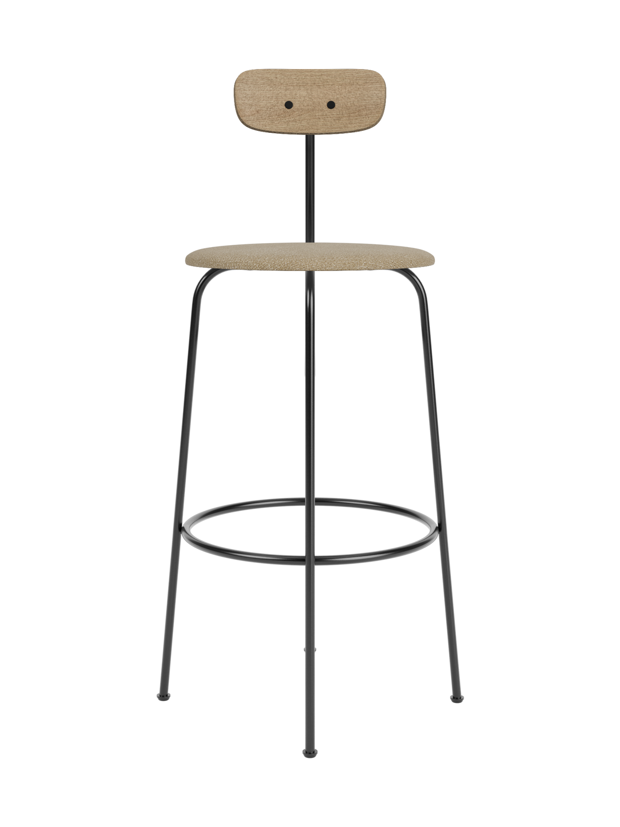 Afteroom Bar Chair with a tan bouclé upholstered seat and natural oak backrest on a minimalist black steel frame.