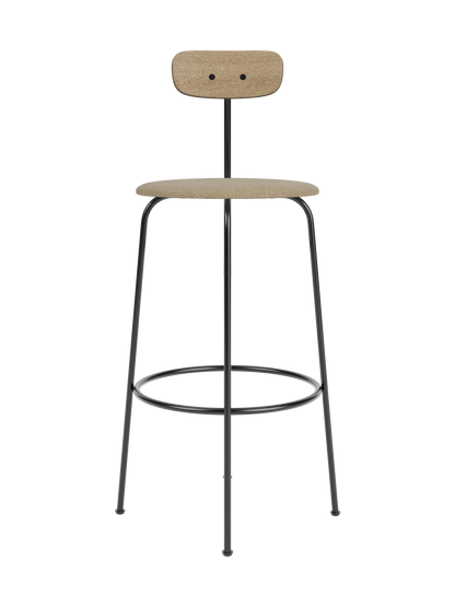 Afteroom Bar Chair with a tan bouclé upholstered seat and natural oak backrest on a minimalist black steel frame.