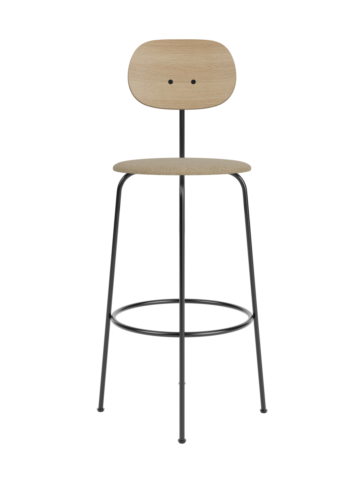 Afteroom Bar Chair Plus with natural oak backrest and beige upholstered seat on a slender black powder-coated frame.
